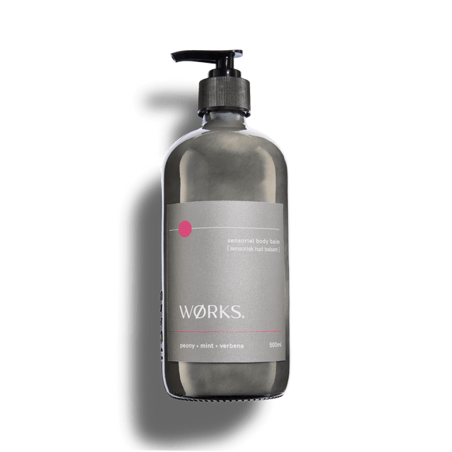 Peony 500ml body balm in WØRKS signature packaging, photographed on a clean white background