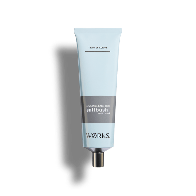 Saltbush 120ml body balm tube in WØRKS signature packaging, photographed on a clean white background