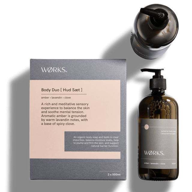 Amber Duo Gift Box — Body Soap and Balm in 500ml glass bottles, styled image