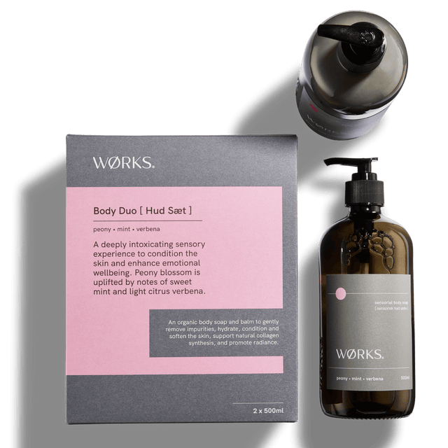 Peony Body Care Duo — 500ml soap and balm top view in amber glass bottles
