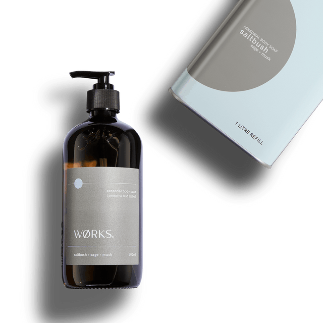 Saltbush bundle with 500ml glass soap and 1L aluminium refill canister, designed for circular use
