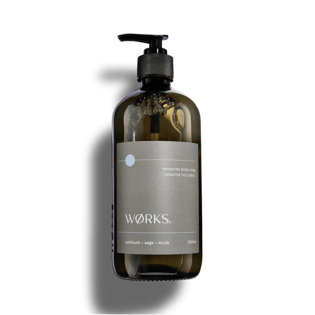 Saltbush 500ml body soap in WØRKS signature packaging, photographed on a clean white background