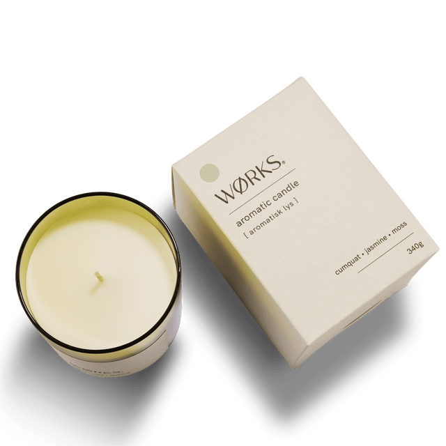 WØRKS Cumquat candle and box pairing, designed for display and sensory impact