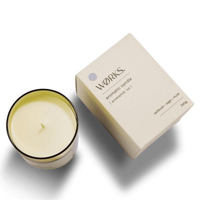 WØRKS Saltbush candle and box pairing, designed for display and sensory impact