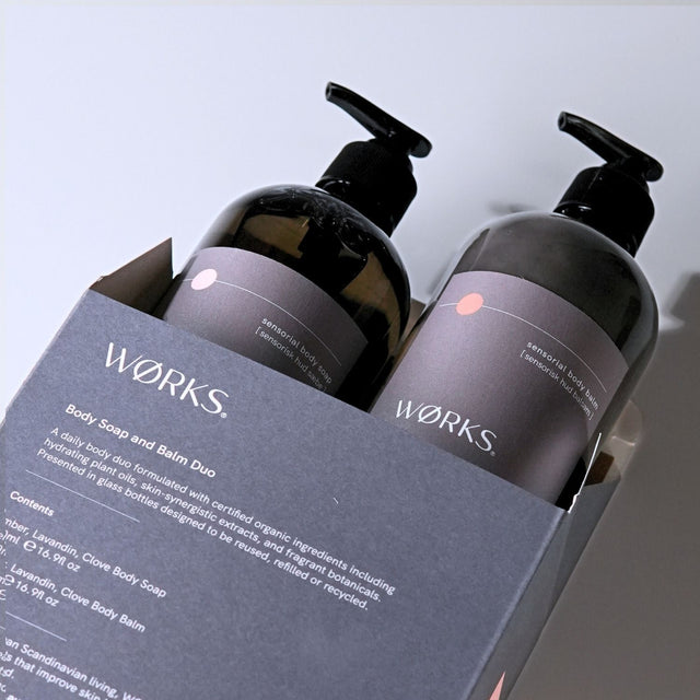 Amber Body Care Duo — 500ml soap and balm in amber glass, lifestyle styled