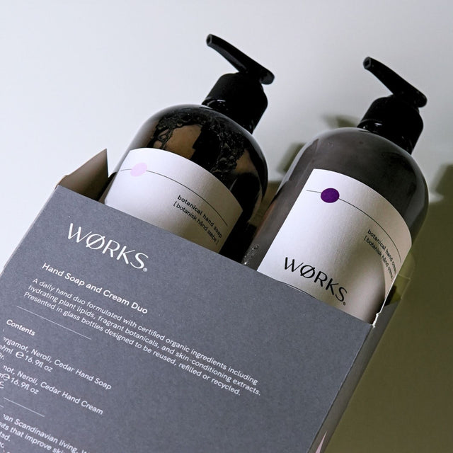 Bergamot Duo Gift Box — 500ml hand care set in branded box, styled view