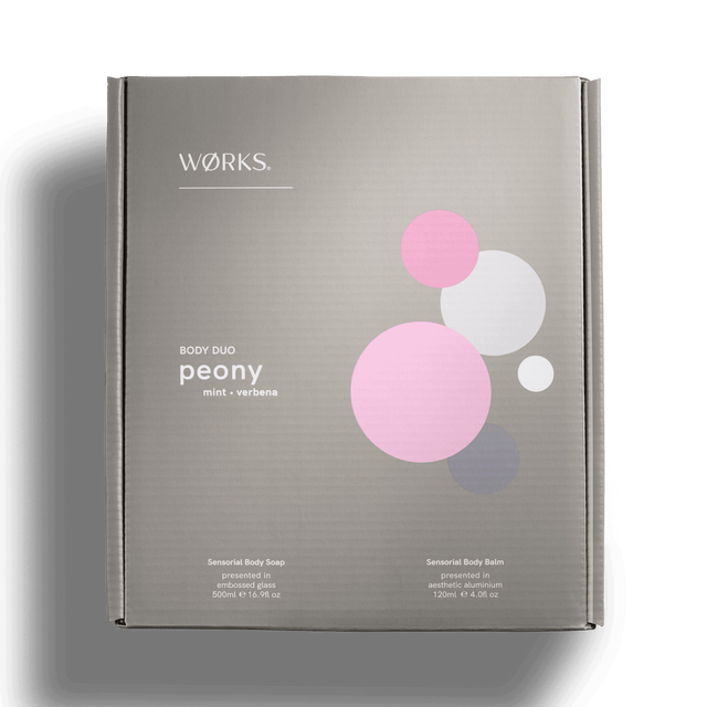 WØRKS Peony gift box product pairing in aesthetic composition