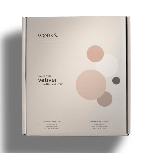 WØRKS Vetiver gift box closed. Product pairing in aesthetic composition