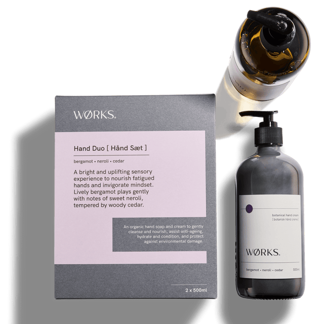 Bergamot Hand Care Duo — 500ml soap and cream in amber glass, front-facing