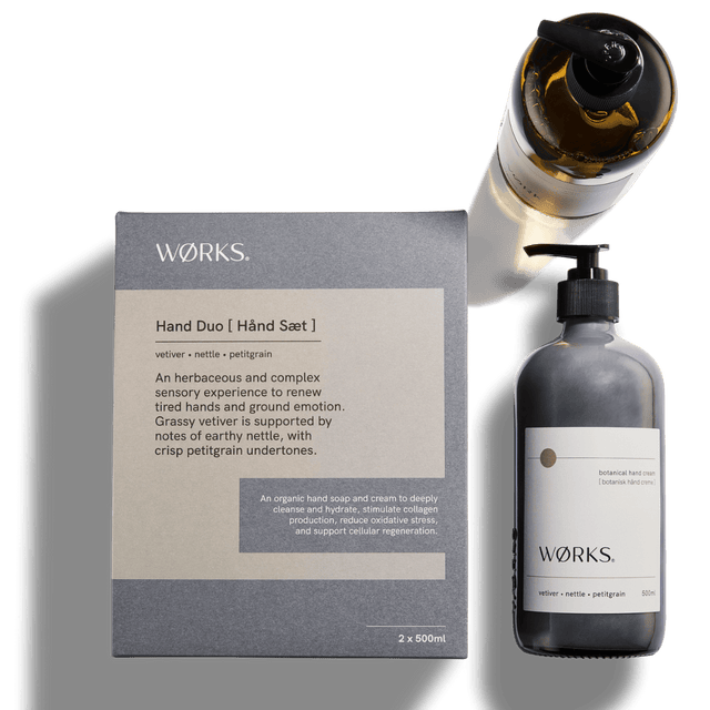 Vetiver Hand Care Duo — 500ml hand soap and cream, front-facing product image