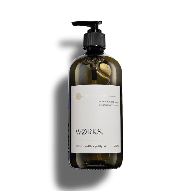 Vetiver 500ml hand soap in WØRKS signature packaging, photographed on a clean white background