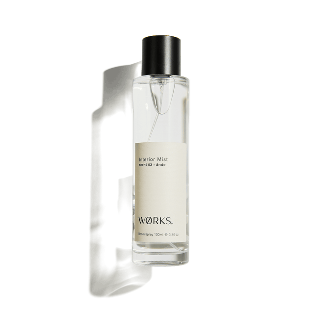 WØRKS Interior Mist Ånde 100ml, luxury room and linen spray in smoky glass bottle with slow-diffusion pump