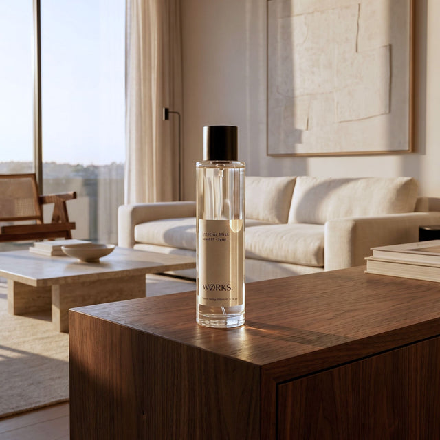 WØRKS Interior Mist Lysår 100ml styled in situ on a bedside table