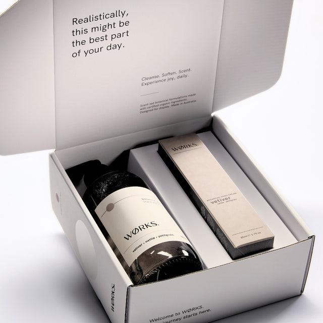 WØRKS Vetiver Gift Box open, showing Botanical Wash and Botanical Hand Cream inside FSC-certified packaging