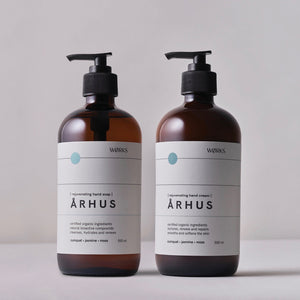 ÅRHUS Rejuvenating hand duo by WØRKS. Cumquat, jasmine, moss fragrance