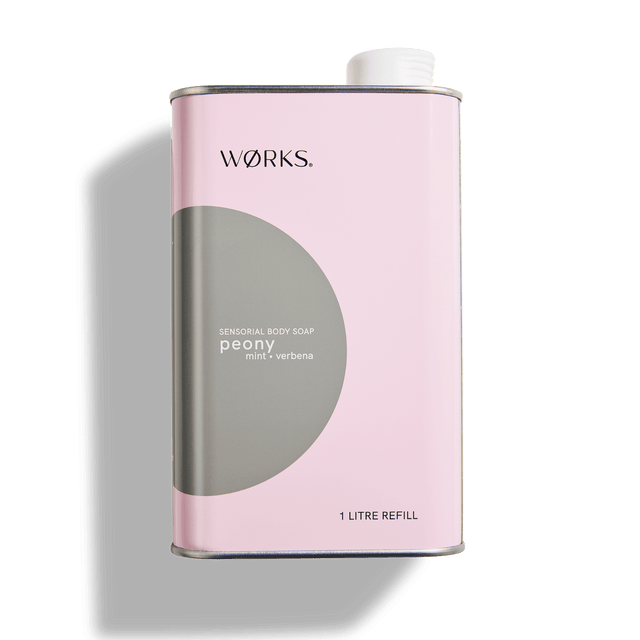 WØRKS Peony Soap Refill – luxury floral body wash refill in 1L aluminium canister