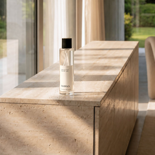 WØRKS Interior Mist Ånde 100ml styled in situ — botanical room and linen spray in smoky glass bottle