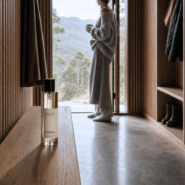 WØRKS Interior Mist Fjærn 100ml styled in situ on a bedside table