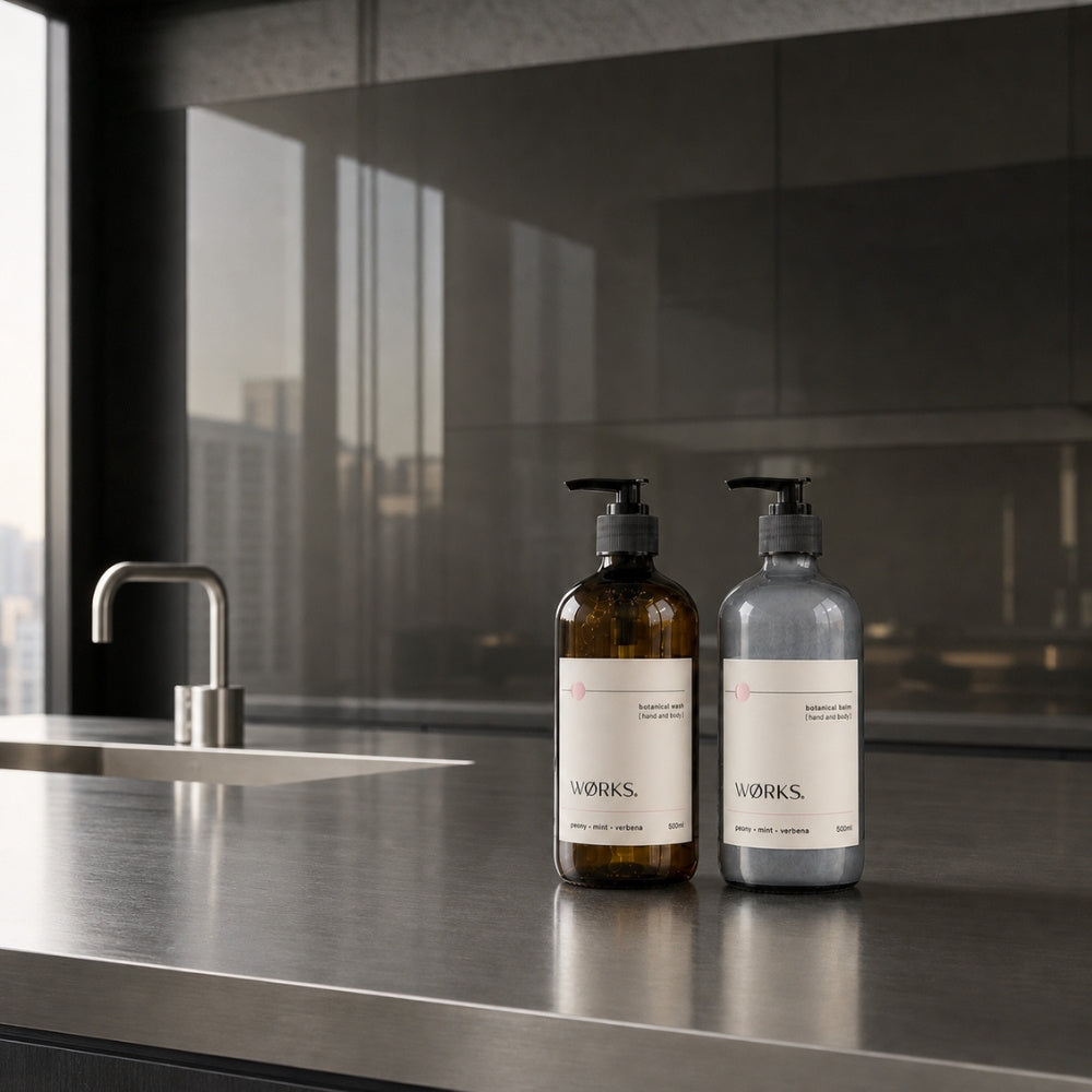 WØRKS Peony Botanical Duo in situ — Botanical Wash and Botanical Balm for hand and body, Melbourne made