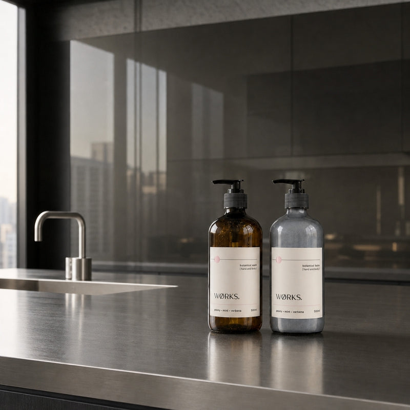 WØRKS Peony Botanical Duo in situ — Botanical Wash and Botanical Balm for hand and body, Melbourne made