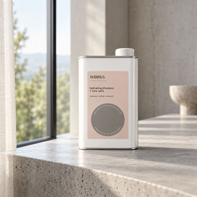 WØRKS Hydrating Shampoo Refill 1L aluminium canister styled in situ, plastic-free kerbside-recyclable refill