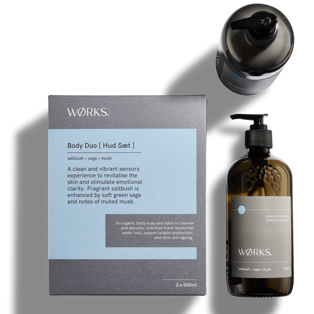 WØRKS Saltbush 500ml duo—a considered pairing of soap and cream or balm in signature glass