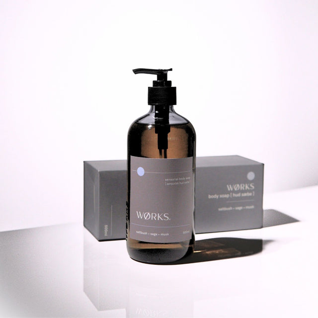 Saltbush 500ml body soap with minimal design and luxurious texture, captured in soft natural light