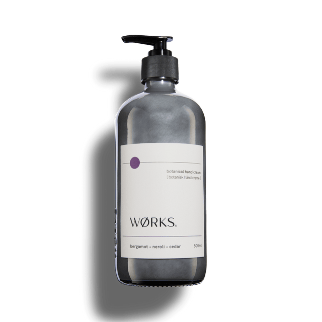 Bergamot 500ml hand cream in WØRKS signature packaging, photographed on a clean white background