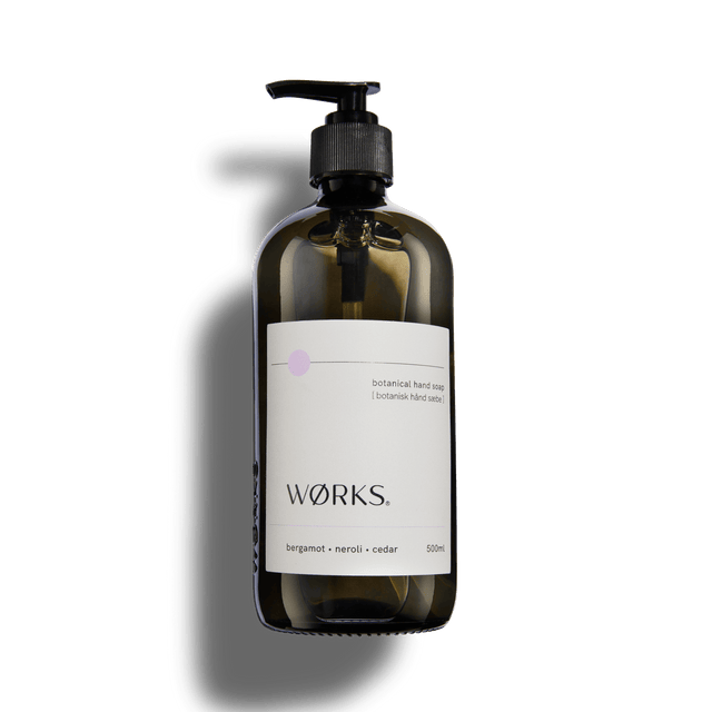Bergamot 500ml hand soap in WØRKS signature packaging, photographed on a clean white background